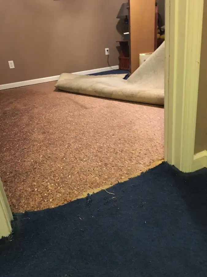 Carpet pad removal revealing water damage during Drying & Dehumidification in Glen Burnie
